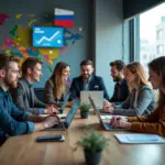 Российские IT-фрилансеры и команды работают над проектами в офисе, символизируя локальный IT-аутсорсинг для малого бизнеса