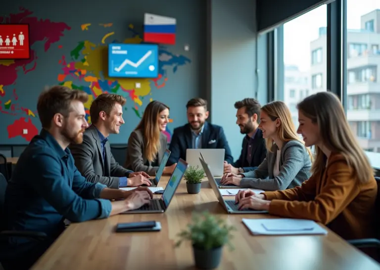 Российские IT-фрилансеры и команды работают над проектами в офисе, символизируя локальный IT-аутсорсинг для малого бизнеса