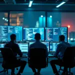 Специалисты по кибербезопасности малого бизнеса в офисе, работающие с IT-оборудованием и мониторами в России