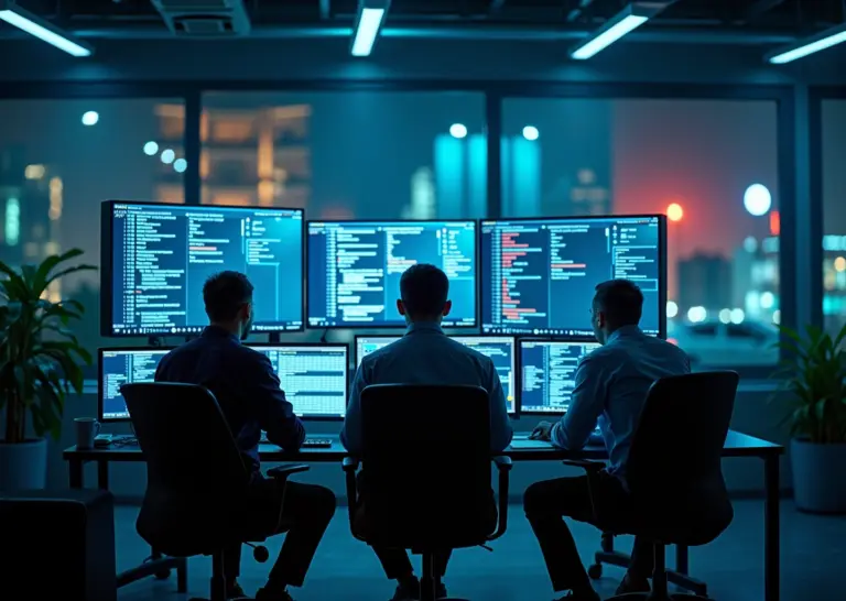 Специалисты по кибербезопасности малого бизнеса в офисе, работающие с IT-оборудованием и мониторами в России