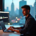 Фрилансер, работающий за компьютером с платформами Авито и Яндекс.Услуги на фоне российского города