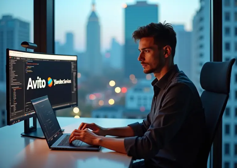 Фрилансер, работающий за компьютером с платформами Авито и Яндекс.Услуги на фоне российского города