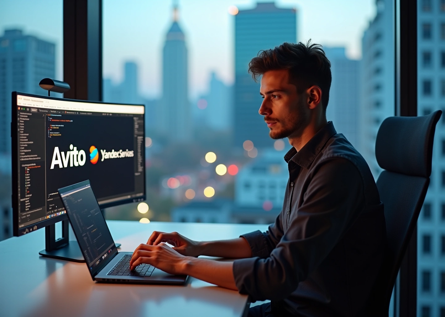 Фрилансер, работающий за компьютером с платформами Авито и Яндекс.Услуги на фоне российского города