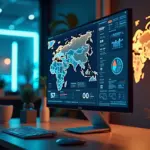 Офис малого бизнеса с компьютером, на экране которого отображается анализ SEO, символы IT-аутсорсинга и фриланса, карта России с региональными связями и элементы цифрового маркетинга