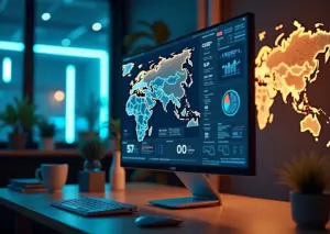 Офис малого бизнеса с компьютером, на экране которого отображается анализ SEO, символы IT-аутсорсинга и фриланса, карта России с региональными связями и элементы цифрового маркетинга