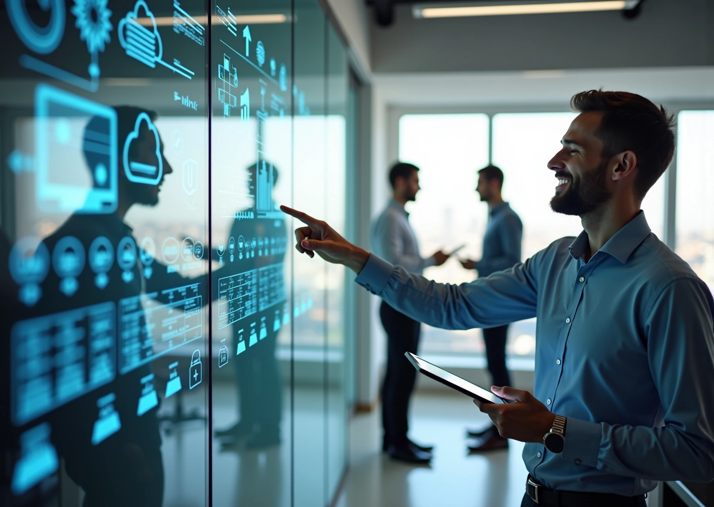 IT‑консультант объясняет владельцам малого бизнеса переезд в облако в небольшом офисе, на фоне ноутбука, сервера и облачных иконок