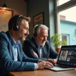 Техник проводит удалённую поддержку малого бизнеса в России ноутбук с интерфейсом удалённого доступа владелец бизнеса рядом карта региона на стене