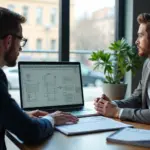 Фрилансер и владелец малого бизнеса обсуждают проект на ноутбуке с интерфейсом Low‑code платформы на экране