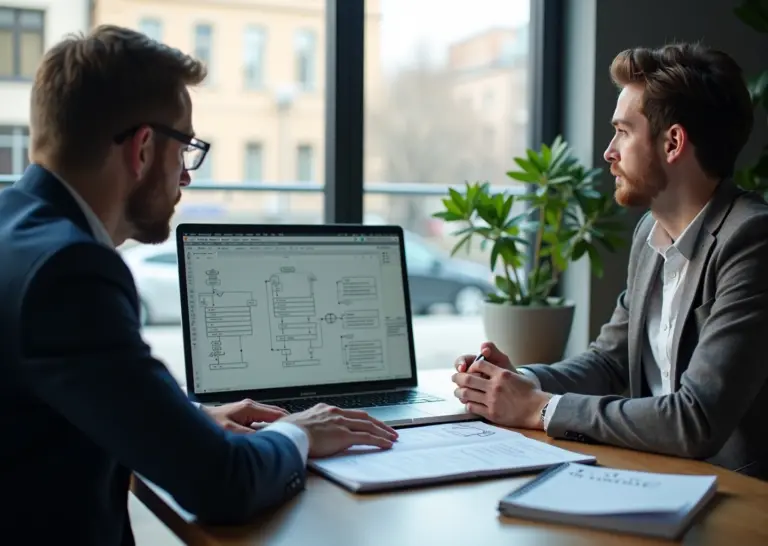 Фрилансер и владелец малого бизнеса обсуждают проект на ноутбуке с интерфейсом Low‑code платформы на экране