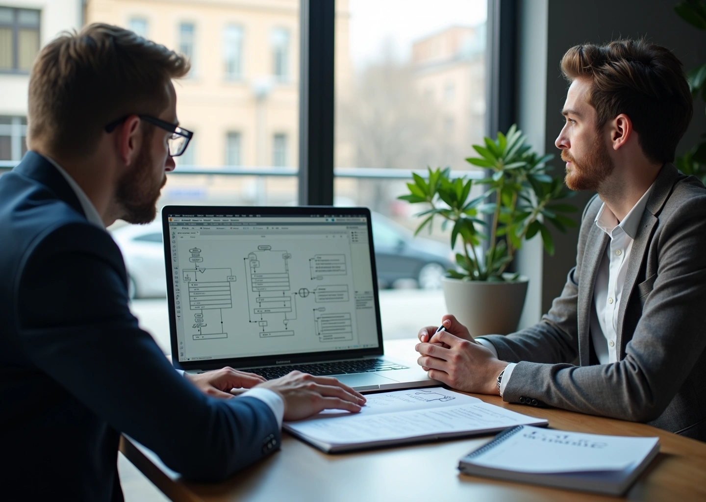 Фрилансер и владелец малого бизнеса обсуждают проект на ноутбуке с интерфейсом Low‑code платформы на экране