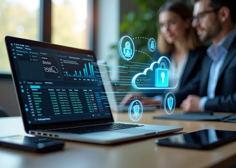 Офис малого бизнеса: ноутбук с интерфейсом бэкапа, NAS, внешний диск и иконки облака и замка — демонстрация локальных и облачных резервных копий