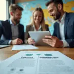 Владелец малого бизнеса и локальный IT‑специалист обсуждают модель аутсорсинга за столом с документами и ноутбуками, на фоне карта России