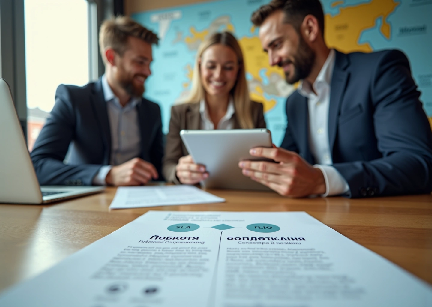 Владелец малого бизнеса и локальный IT‑специалист обсуждают модель аутсорсинга за столом с документами и ноутбуками, на фоне карта России