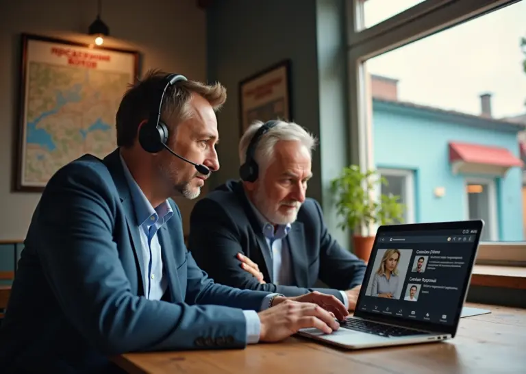 Техник проводит удалённую поддержку малого бизнеса в России ноутбук с интерфейсом удалённого доступа владелец бизнеса рядом карта региона на стене